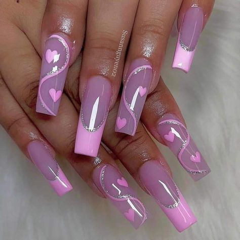 Purple Vday Nails, Feb Nails Valentines Day, Pink Vday Nails, Nail Desi, Vday Nails, Valentines Day Nails, Purple Acrylic Nails, Valentine Nail Art, Nude Nail Designs