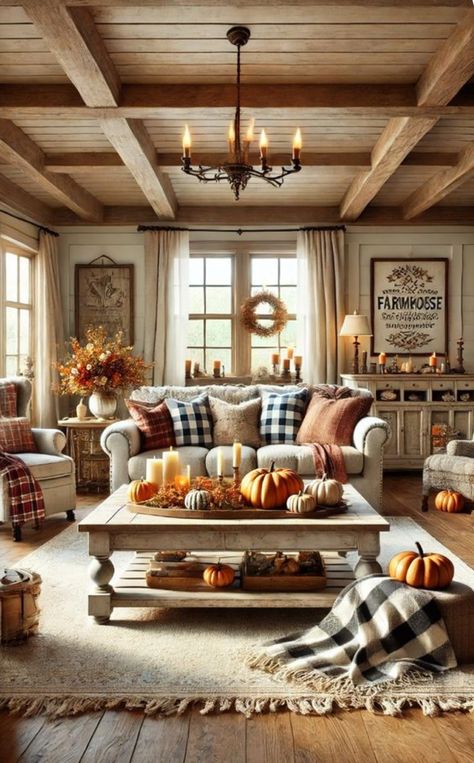 Fall Theme Living Room Decor, Living Room Two Windows, Living Room Fall Decor Ideas Cozy, Farmhouse Fall Living Room, Farmhouse Fall Decor Living Room, Fall Farmhouse Decor Living Rooms, Fall Living Room Decor Autumn, Fall Couch Decor, Fall Family Room