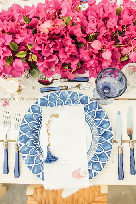 Grecian Folklore Inspired Table by the Sea Mamma Mia Wedding, Bougainvillea Wedding, Grecian Wedding, Boda Mexicana, Greece Wedding, Greek Wedding, Ceremony Backdrop, Bougainvillea, Place Setting