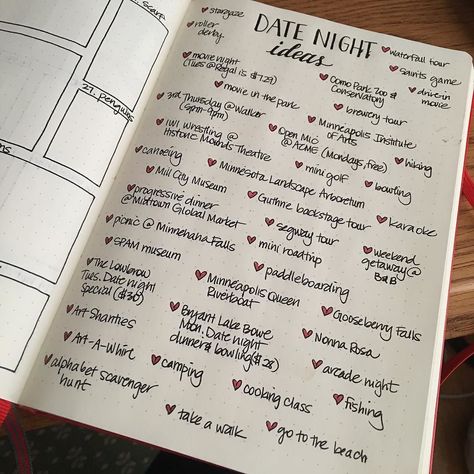 Made a list of date night ideas in my #bulletjournal wait to try them out. #bujo Date Ideas Journal Page, Bujo Date Ideas, Date Ideas Journal, Diary Couple Ideas, Scrape Book For Couple, Date Journal Ideas, Journal Date Ideas, Date Idea Journal, Couple Diary Ideas Creative