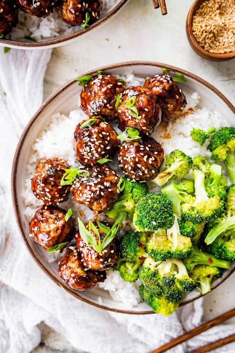 Teriyaki Meatballs Recipe, Asian Chicken Meatballs, Teriyaki Chicken Meatballs, Healthy Food Recipe, Healthy Meatballs, Baked Chicken Meatballs, Easy Teriyaki Chicken, Baked Food, Teriyaki Meatballs