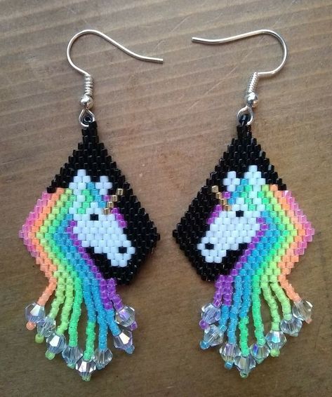 Horse Seed Bead Earrings, Unicorn Beaded Earrings, Beaded Unicorn Pattern, Brick Bead Patterns, Unicorn Bead Pattern, Beaded Brick Stitch Earrings, Brickstitch Earring Patterns, Beaded Unicorn, Delica Beaded Earrings