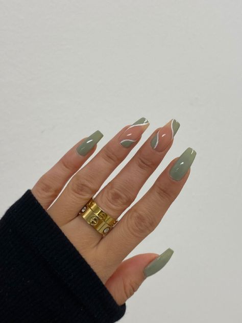 Sage Green French Tips Coffin, Sage Green Nails Design Square, Green Nail Ideas Coffin, Pretty Nail Ideas Acrylic Square, Light Green Nails Coffin, Green Coffin Acrylic Nails, Green Aesthetic Nails, Nail Inspo Green, Green Nails Aesthetic