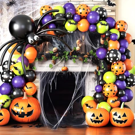 PRICES MAY VARY. 【Large & Various Halloween Balloon Kit】 105PCS Colorful Balloons, includes 10 inch of 15pcs purple, 15pcs black, 15pcs orange and 15pcs green;12 inch of 6pcs black orange balloons and 6pcs black white balloons; 18 inch of 2pcs black balloons and 1pcs orange balloons; 5 inch of 10pcs black balloons, 10pcs purple balloons; 2pcs eyes balloons, 2 spider web, 1set 3D bat sticker, 1 roll dot glue and 1 roll balloon tape strip. Must have Halloween balloon kit for Halloween Decorations Spider Balloon, Halloween Balloon Arch, Halloween Balloons Decorations, Spider Web Halloween Decorations, Bat Sticker, Black And White Balloons, How To Make Garland, Halloween Balloon, Green Balloons