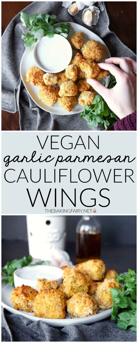 vegan garlic parmesan cauliflower wings - The Baking Fairy Garlic Parmesan Cauliflower Wings, Garlic Parmesan Cauliflower, Vegan Appetizers Recipes, Parmesan Cauliflower, Vegan Party Food, Cauliflower Wings, Vegan Cauliflower, Wings Recipe, Dinner Appetizers