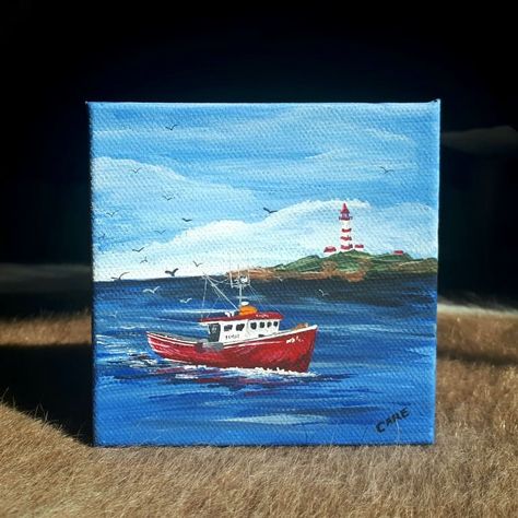 Mini Ocean Paintings, Painting Ideas For Square Canvas, Acrylic Painting On Square Canvas, Square Canvas Ideas, Painting Ideas On Canvas Square, 4x4 Canvas Painting Ideas, Painting Ideas For Men, Nautical Painting Ideas, Square Painting Ideas