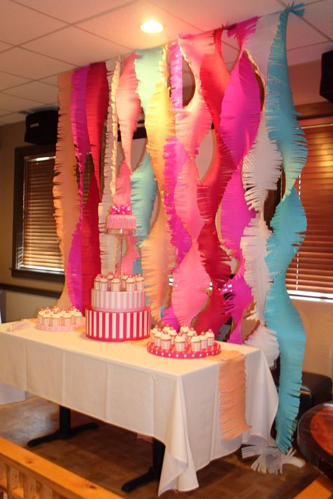 K's first bday Diy Birthday Party Backdrop, Birthday Decoration Ideas Streamers, Decorate With Streamers, Easy Streamer Decorations Birthday, Birthday Streamer Ideas Ceilings, Colorful Streamer Backdrop, Simple Birthday Decorations, Diy Birthday Decorations, Paper Crafts Diy Tutorials