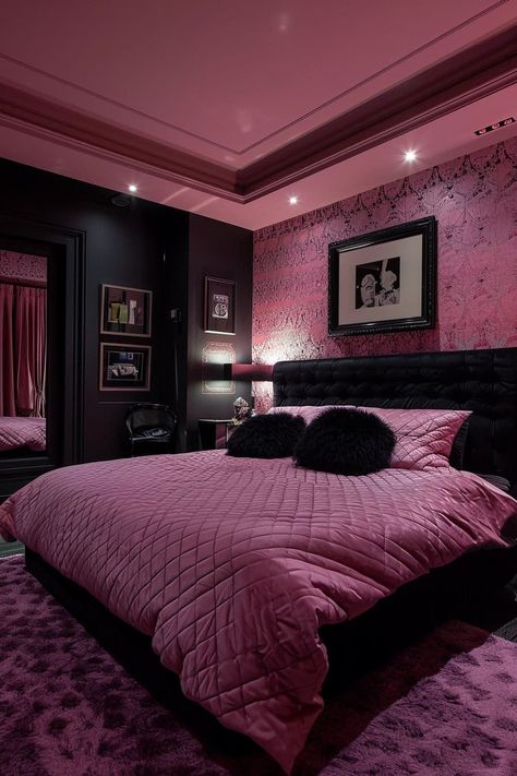 Pink And Black Bedroom Ideas For Adults, Black And Pink Glam Bedroom, Woman Bedroom Ideas Luxury, Hot Pink And Black Room, Hot Pink And Black Bedroom, Dark Pink Bedroom, Pink Baddie Room, Black And Pink Room Ideas, Black And Pink Room