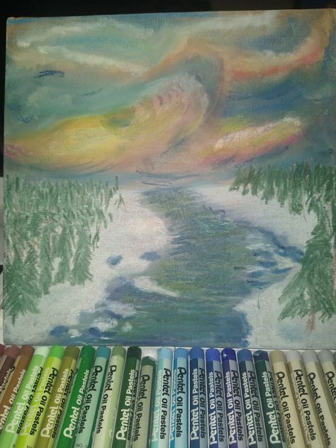 An icy winding river with pine trees right off the snowy banks with sunset lit clouds. Pentel Oil Pastels, Landscape Oil Pastel, Snowy Landscape, Oil Pastel Art, Oil Pastels, Pastel Art, Oil Pastel, Painter, Pastel