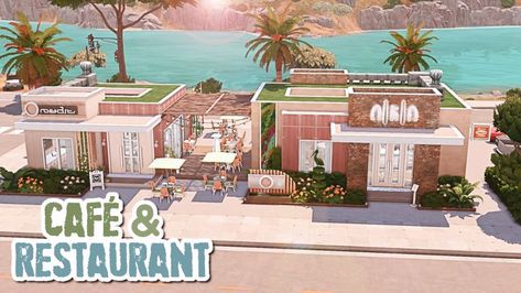 A bright & modern restaurant & café with a small community garden for your Sims! 👩‍🍳 • 📍 40x20 in San Sequoia • No CC • Gallery ID: ChrissieYT • Packs Used: NOT pack restricted! Small Community Garden, Employee Outfit, San Sequoia, Sims 4 Restaurant, The Sims 4 Lots, Sims 4 House Design, Small Cafe, 3d Building, Modern Restaurant