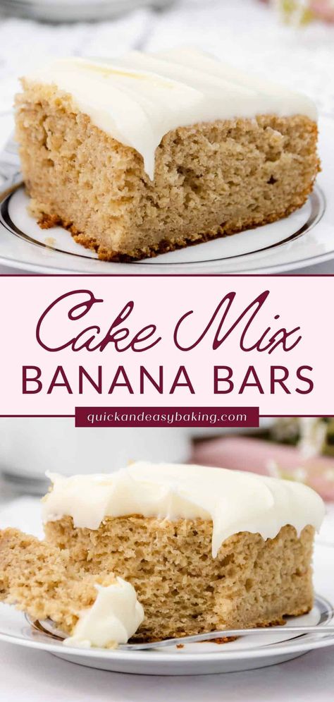 Banana Cake Mix Cookie Bars, Cake Mix Banana Bars, Banana Cake Recipe With Box Cake, Cake Mix Banana Cake, Banana Bread Recipe With Cream Cheese, Betty Crocker Cake Mix Recipes, Banana Sheet Cakes, Traybake Cake, Cake Mix Banana Bread