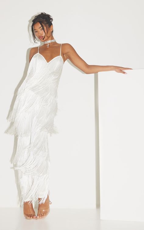 White Tassel Plunge Jumpsuit White Tasseled Cover-up For Beach Party, Layering Jumpsuit Outfit, White Tassel Jumpsuit, White Summer Cover-up With Tassels, White Fringe Summer Cover-up, White Fringe Beach Dress Cover-up, Dress To Jumpsuit, All White Party Outfits, Outfits Night Out