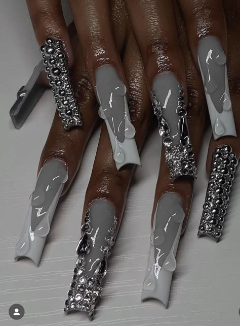 Long Nails Design 2024, Baddie Nails Long, Luxury Nail Designs, Boujee Nails, Diy Acrylic Nails, Silver Nail, Drip Nails, Colored Acrylic Nails, French Tip Acrylic Nails