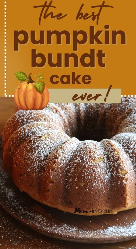 a pumpkin bundt cake with text overlay that reads the best pumpkin bundt cake ever Simple Pumpkin Bundt Cake, Pumpkin Pound Cake Recipe Bundt Pans, Bundt Cakes For Thanksgiving, Moist Pumpkin Bundt Cake, Pumpkin Bundt Cake With Yellow Box Cake, Pioneer Woman Pumpkin Cake, Pumpkin Cakes Easy, Best Pumkin Bundt Cake With A Cream Cheese Filling, 6 Cup Bundt Pan Cake Recipes