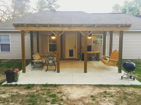 Back Porch Overhang, Adding Back Porch To House, Ranch Style Home Back Patio Ideas, Over Hang Porch Patio, Trailer Back Porch Ideas, Lean To Back Porch Patio, Diy Back Porch Cover, Covered Porch Attached To House, Back Porch Overhang Ideas