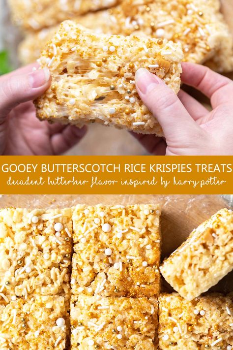 Butterbeer Vanilla Butterscotch Rice Krispies Treats - Daily Desserting Butterscotch Rice Krispies, Harry Potter Desserts, Harry Potter Themed Party, Rice Krispies Treat, Rice Krispies Treats, Flavored Rice, Krispies Treats, Marshmallow Treats, Cereal Treats