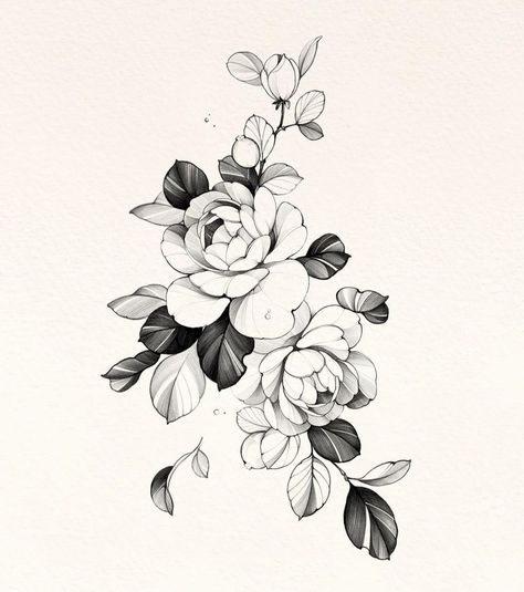 Rose Linework, Blackwork Flowers, Peony Flower Tattoos, Dot Flowers, Peony Drawing, Floral Thigh Tattoos, Flower Tattoo Drawings, Floral Tattoo Sleeve, Flower Sleeve