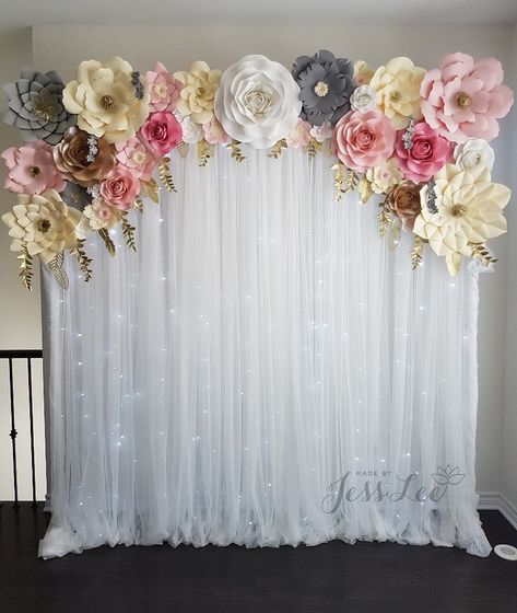 Paper flower backdrop with fairy lights. Pink, grey, white, champagne, and ivory paper flowers with gold leaves. Backdrop With Fairy Lights, Paper Flowers Diy Wedding, Paper Flower Backdrop Wedding, Flower Wall Rental, Flower Backdrop Wedding, Idee Cricut, Paper Flowers Wedding, Paper Flower Backdrop, Baby Shower Backdrop