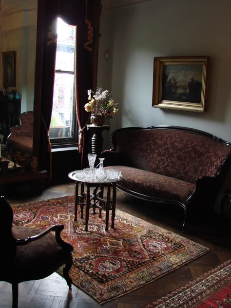 Old School House Decor, Dark Hardwood Floors Living Room, Dark Academia Room Ideas, Walburga Black, Park Slope Brooklyn, Victorian Home Decor, Victorian Interiors, Victorian Aesthetic, Showroom Interior Design