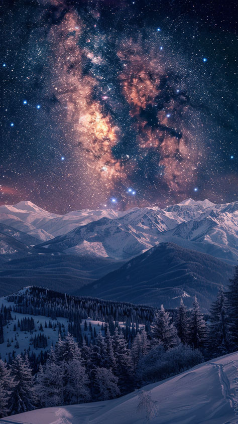 Experience the tranquility of a winter night with this high-definition photograph. The starry sky, snow-capped mountains, and distant forests create a breathtaking and serene landscape.❄️🌌🏔️#WinterWonderland #StarryNight #SnowCappedMountains #WinterLandscape #SereneScenes #HighResolution #NaturePhotography #WinterNights #MountainViews #SnowyForests Starry Night Mountains, Winter Night Sky Aesthetic, Snow Sparkle, Snow Clouds, Snow Night, Mountains Aesthetic, Aesthetic Collection, Snow Forest, Serene Landscape