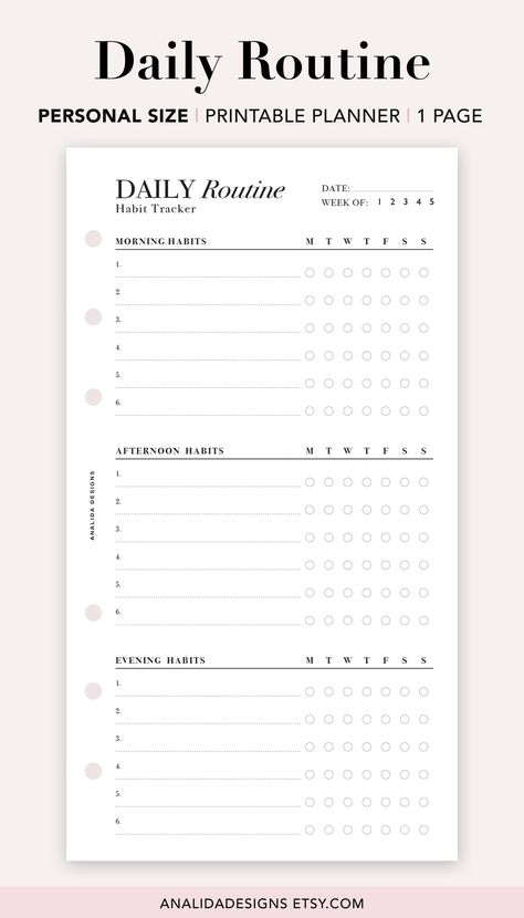 DAILY ROUTINE TRACKER MADE SIMPLE: Customize your morning, afternoon, and evening routine and track these weekly to see your progress. This planner has helped me build consistent good habits in the past as well as to beat bad habits. This is a great planner start to track anything from a workout, morning stretches, drink water, skincare, going to bed before 11 pm, and more! Weekly Routine Planner, Morning Routine Planner, Morning Routine Tracker, Routine Tracker, Daily Routine Tracker, Morning Routine Template, Checklist Design, Daily Routine Checklist Template, Personal Size Planner