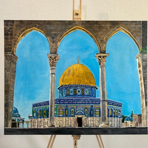 Detailed acrylic large painting of the dome of the rock mosque in Palestine Masjid Al Aqsa Painting On Canvas, Madina Painting Islamic Art, Al Aqsa Mosque Drawing, Masjid Al Aqsa Painting, Al Aqsa Mosque Painting, Dome Of The Rock Painting, Al Aqsa Painting, Masjid Painting, Arabic Painting