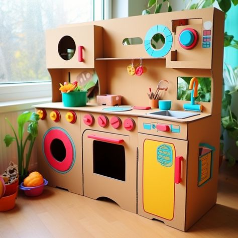 DIY Play Kitchens, cardboad crafts, cardboard kitchens, recycled crafts for kids Diy Kitchen Toy, Kitchen Cardboard, Play Kitchen Ideas, Diy Kardus, Handmade Toys For Kids, Recycled Crafts For Kids, Crafts Cardboard, Cardboard Kitchen, Paper Toys Diy