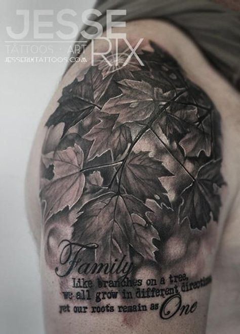 FAMILY - like branches on a tree, we all grow in different directions, yet our roots remain as ONE Tree Tattoo Color, Fall Leaves Tattoo, Blatt Tattoos, Tree Sleeve Tattoo, Tree Tattoo Men, Tattoo Tree, Quarter Sleeve Tattoos, Autumn Tattoo, Family Tree Tattoo