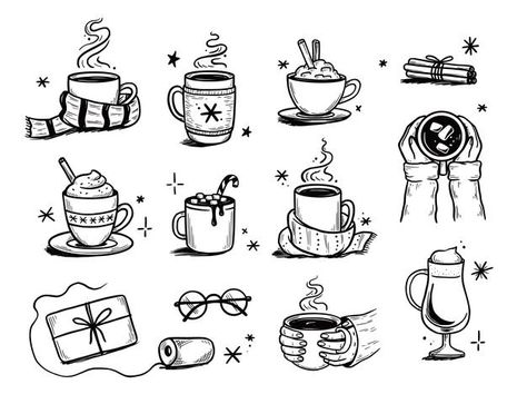 Hot Chocolate Drawing, Coffee Doodle, Mug Drawing, Winter Drawings, Logos Retro, Bujo Doodles, Sketch Note, Coffee Tattoos, Coffee Drawing