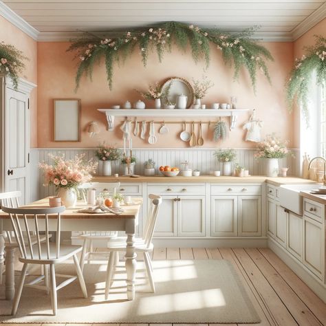 farmhouse kitchen with soft peach walls Salmon Kitchen Walls, Peach Kitchen Walls, Coral Living Rooms, Coral Kitchen, Kitchen Pop, Timeless Farmhouse, Peach Kitchen, Wooden Countertops, Sage Green Kitchen