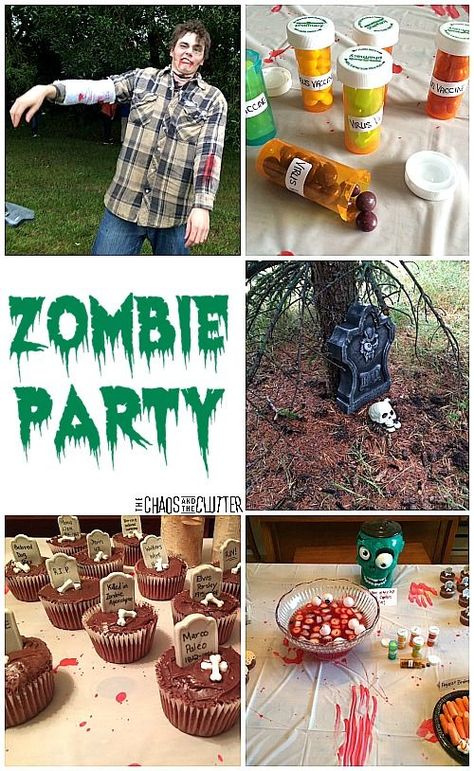 Zombie Party Ideas...decorations, games, food, and everything else you need to create the most epic Hallowe'en or birthday party ever! Zombie Themed Food, Zombie Party Ideas, Zombie Party Food, Zombie Birthday Party Decorations, Zombie Party Decorations, Zombie Themed Party, Zombie Apocalypse Party, Zombie Halloween Party, Zombie Food