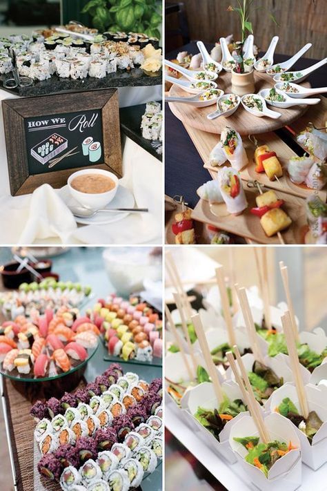 Asian Stations and Sushi Bar wedding food |See more great wedding food ideas on www.onefabday.com Makeup Job, Wedding Food Bars, Wedding Food Stations, Asian Party, Sushi Party, Reception Food, Wedding Reception Food, Wedding Buffet, Food Stations