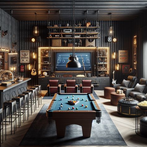 Enter an ultra-cool man cave fitted with a pool table, home theater, full-sized bar, and a foosball table. Indulge in timeless leisure surrounded by dark hues, industrial lighting, and iconic sports memorabilia. A gamer's paradise ready for fun! 

#ManCave #HomeBar #HomeTheater #GamerRoom #PoolTable #SportsMemorabilia Cool Pool Table Rooms, Garage Billiard Room, Tv Room With Pool Table, Sports Lounge Ideas, At Home Sports Bar, Man Cave Basement Sports, Man Cave Wet Bar, Dark Man Cave, Shop Man Cave Ideas