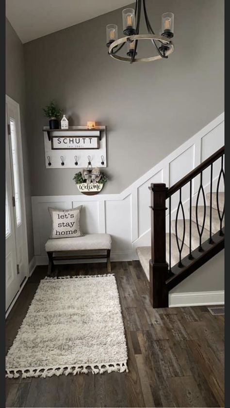 Farmhouse Decor Staircase Wall, Open Hallway Living Room, Entryway Ideas Near Stairs, Entryway Decor Stairway, Split Level Entry Light Fixture, Small Foyer Ideas Entryway Stairs, Stair Well Decor Ideas, Front Entryway With Stairs, Foyer Ideas With Stairs