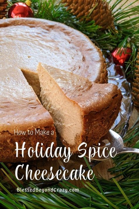 If you love both the holidays and cheesecake then you’ll love this Holiday Spice Cheesecake. The warm, delicate winter spices are wonderful and the deliciously creamy texture practically melts in your mouth! Keep reading if you want to see how to make this exquisite dessert. #cheesecake #holidays #glutenfree #Thanksgiving #Christmas #NewYears #blessedbeyondcrazy Spice Cheesecake Recipe, Apple Spice Cheesecake, Christmas Theme Cheesecake, Holiday Cheesecakes Christmas, Holiday Cheesecake Recipes Christmas, Ginger Bread Cheesecake, Winter Cheesecake Recipes, Winter Dessert Ideas, Cheesecake Recipes Christmas