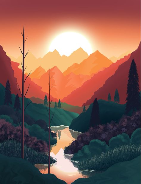 Easy Digital Art For Beginners Landscape, How To Draw Mountains Procreate, Simple Mountain Painting, Procreate References, Procreate Landscape, Beginners Landscaping, Computer Drawing, Valley Landscape, Autumn Sunset