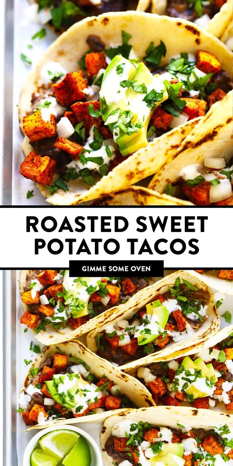 These zesty roasted sweet potato tacos are made with refried black beans, fresh avocado, lime crema, and your choice of toppings.  Easy to make, naturally vegan and gluten-free, and SO delicious! | gimmesomeoven.com #tacos #sweetpotato #vegetarian #vegan #glutenfree #healthy #mexican #dinner #beans Vegan Sweet Potato Black Bean Tacos, Roasted Sweet Potato Tacos, Sweet Potato Tacos Recipes, Healthy Mexican Dinner, Avocado Lime Crema, Vegan Sweet Potato Recipes, Refried Black Beans, Blue Zones Recipes, Zone Recipes