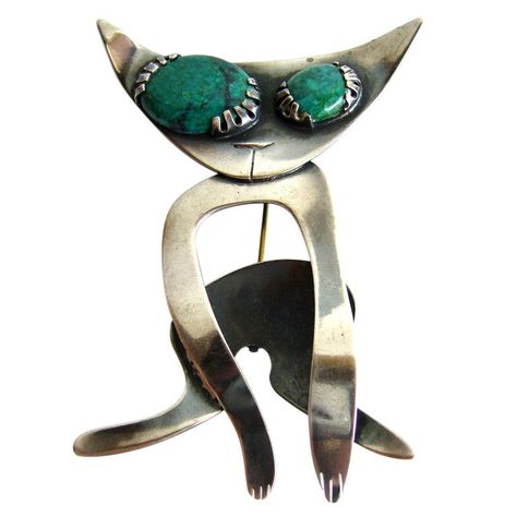 Robert and Audrey Engstrom Malachite Sterling Silver Cat Brooch 1 Vintage Modern Jewelry, Art Jewelry Design, Wearable Art Jewelry, Sterling Silver Cat, Modernist Jewelry, American Modern, Mid Century Jewelry, Modern Cat, Silver Cat