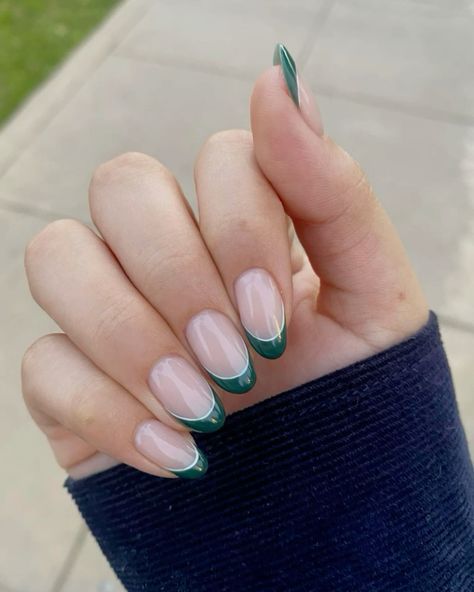 27 gorgeous fall nail ideas and winter nail designs you don't want to miss! I'm definitely getting 6 tomorrow - I just can't help myself! Too cute! autumn nail ideas | September nails October nails winter nail trends #nails #fallnails #winternails #manicure #minimalist French Tip Nails With Green Accent, Autumn Biab Nail Art, Cute Simple Hoco Nails, French Emerald Green Nails, Green Fresh Tip Nails, Green And White French Nails, Christmas French Tips Green, Green Hoco Nails Short, French Nails With Green Tips