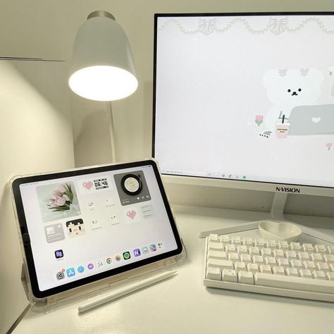 Desk For Monitor, Ipad And Monitor Setup, Monitor Aesthetic Setup, Ipad Desk Setup, Aesthetic Ipad Setup, White Setup, May Pang, White Desk Setup, Ipad Desk