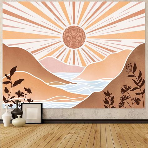 PRICES MAY VARY. Material: Polyester. Dimension: 36''high × 48''wide, 44''high × 60''wide, 60''high × 80''wide，68''high × 90''wide. Decorative: This sun tapestry is designed in boho style, whether the wall tapestry is used as a bedroom tapestry or a living room tapestry, it can make you feel comfortable and enhance your aesthetics. Your guests will praise your choice. High Quality: The vintage sun tapestries have clear prints, rich colors, soft and skin-friendly material, and does not fade. Mult Sunrise Wall Art, Sunset Nursery Theme, Beach Boho Living Room, Sunshine Classroom, Guest Room Wall Decor, Los 70s, Sun Tapestry, Bedroom Tapestry, Tapestry Aesthetic