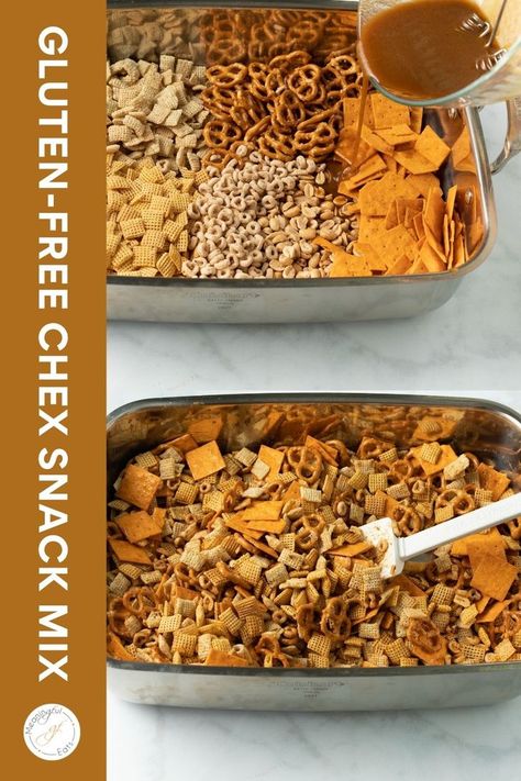 2 images of pans of gluten-free chex snack mix Snack Mix Recipes Gluten Free, Gluten Free Snack Mix Recipes, Gluten Free Chex Mix Recipes, Gluten Free Snack Mix, Best Gluten Free Cake Recipe, Gluten Free Chex, Chex Snack Mix, Easy Snack Mix, Meaningful Eats