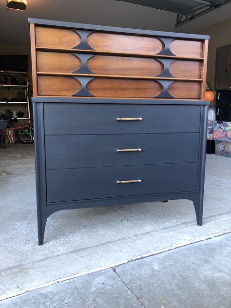 MCM tallboy dresser. Painted and trimmed. 60s Dresser Makeover, Painted Mcm Dresser Ideas, Mcm Painted Furniture, Mcm Dresser Makeover Paint, Mcm Side Table Makeover, Mcm Tallboy Makeover, Tall Mcm Dresser Makeover, Painted Mcm Dresser, Mcm Tallboy Dresser Makeover