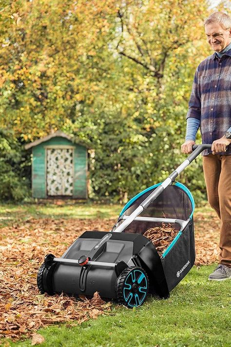 This Fall, as the leaves begin to fall... everywhere, forget the rake, the frustration, and the back pain and just use this tool to sweep them all up instead. Leaf Clean Up, Lawn Sweeper, Garden Cleaning, Garden Bed Layout, Small Yard Landscaping, Garden Rake, Lawn Tools, Yard Tools, Lawn Equipment