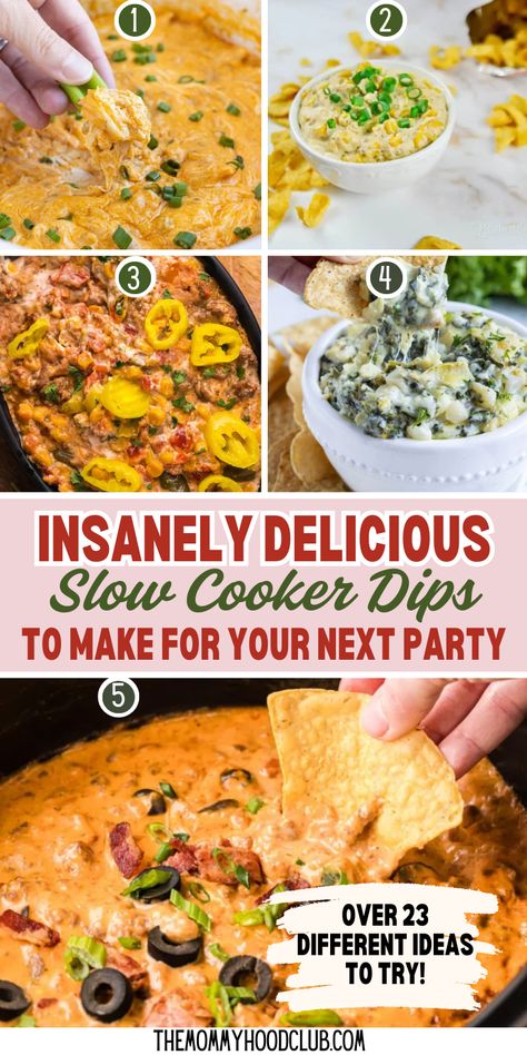 23 EASY SLOW COOKER DIPS FOR A PARTY Easy Chicken Dips For A Party, Crockpot Chicken Dips For Parties, Best Crock Pot Dips For Parties, Dip For Dip Party, Easy Hot Dips Crockpot, Best Crockpot Cheese Dip, Hot Chip Dip Recipes Crock Pot, Homemade Dip Recipes, Crockpot Hot Dips