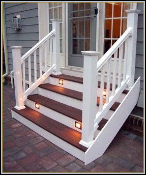 Composite Deck Steps                                                       … Patio Stairs, Porch Stairs, Front Porch Steps, White Porch, Patio Steps, Deck Steps, Building A Porch, Patio Deck Designs, Composite Deck