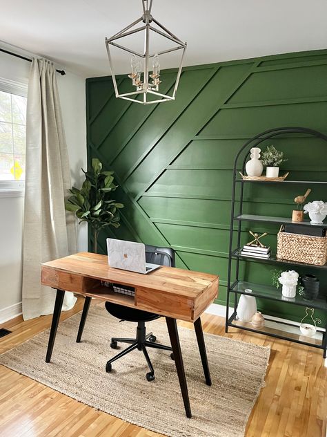 Emerald Green Home Office Ideas, Emerald Green Wall Office, Sage Accent Wall Office, Teal Home Office Ideas, Green And Yellow Office, Office With Green Accent Wall, Office Ideas Rustic, Rustic Desk Ideas, Green Accent Wall Office