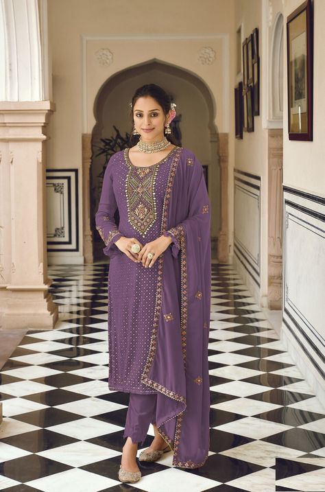 This Womens Dresses item is sold by FKFASHIONHUB. Ships from India. Listed on Sep 7, 2023 Straight Suit, Purple Bottom, Trouser Suit, Silk Bottoms, Designer Salwar Suits, Salwar Kameez Designs, Indian Wedding Outfits, Georgette Fabric, Salwar Suit