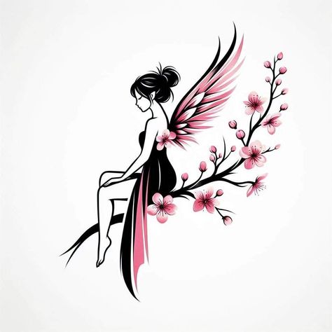 Angel Wings Rose Tattoo, Fairy Tattoo Stencil, Fairy Tattoos For Women, Dainty Fairy Tattoo, Fairy Sleeve Tattoo, Logo Design Dance, Fairy Stencil, Cartoon Candle, Fairy Music