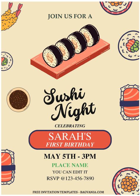 Awesome (Free Editable PDF) Roll Out The Fun Sushi Birthday Invitation Templates #free #freeinvitation2019 #birthday #disney #invitations #invitationtemplates Sushi Birthday, Night Birthday Party, Free Printable Invitations Templates, Sushi Party, Sushi Night, Free Printable Invitations, Disney Invitations, Birthday Disney, Free Invitation Templates